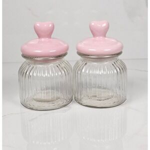 Set of 2 Glass Jars Pink Heart Lids Small Apothecary Candy Storage Containers